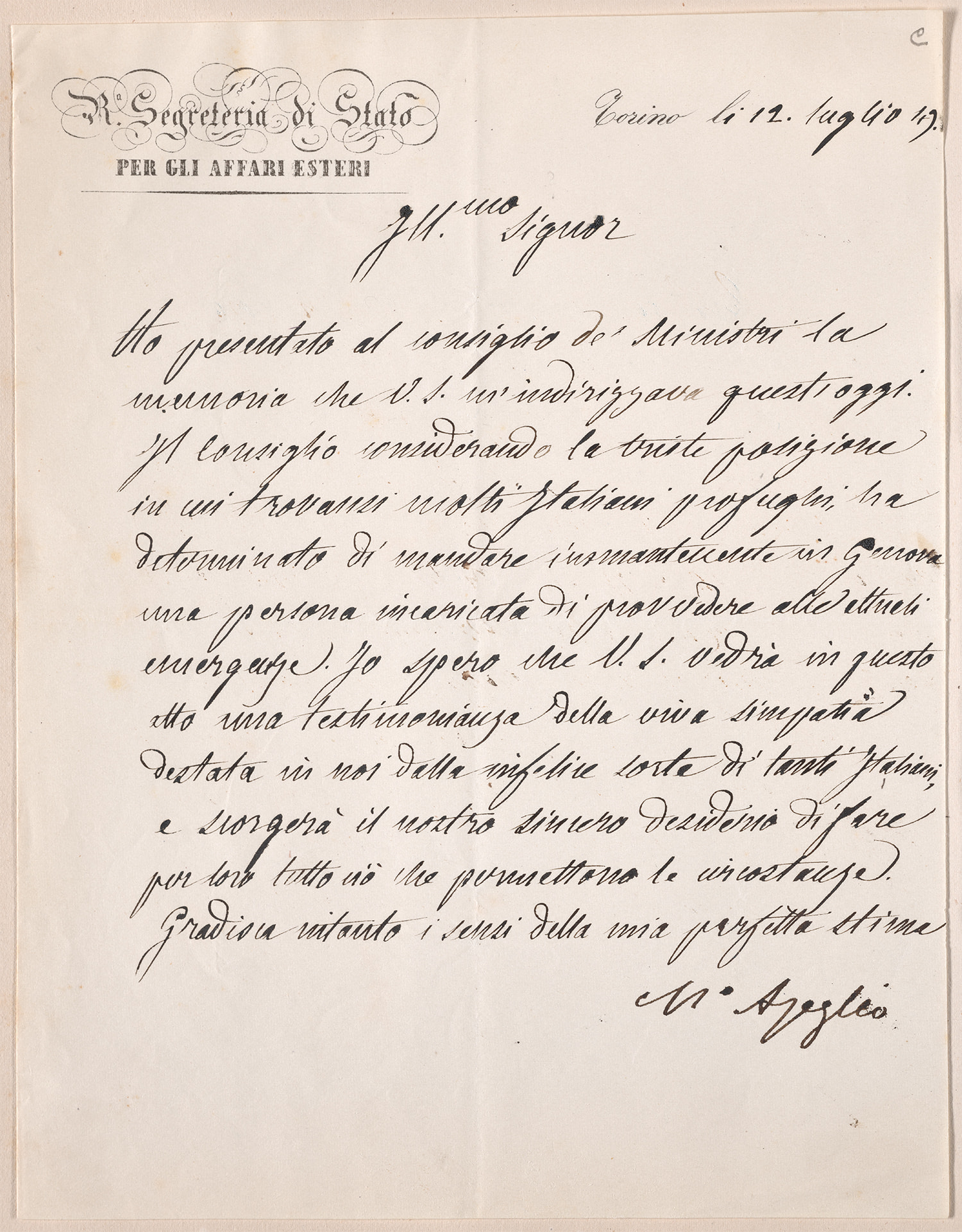 Handwritten letter from Massimo d'Azeglio to Nicholas Brown