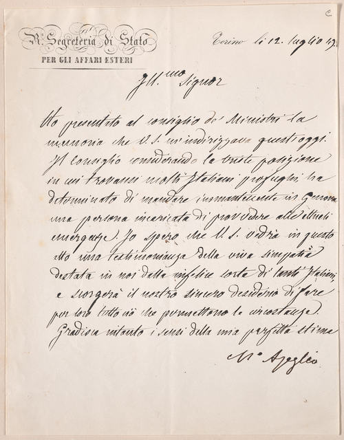 Handwritten letter from Massimo d'Azeglio to Nicholas Brown
