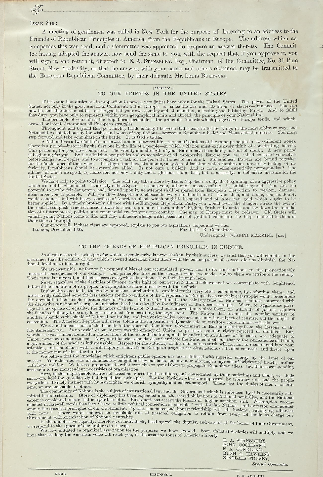 Printed circular sent to Friends of Republican Principles in America