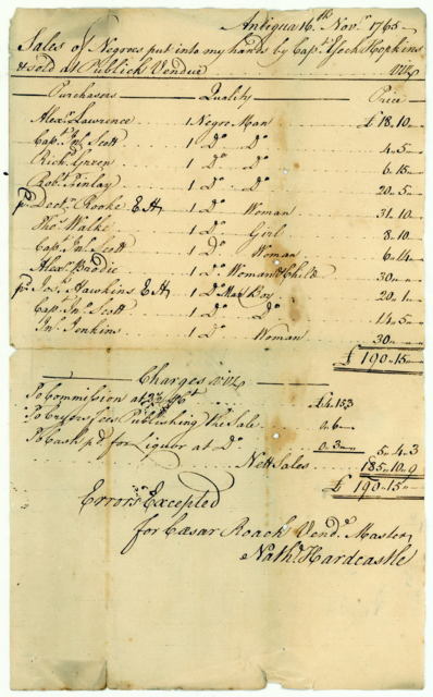 Handwritten page from Nathaniel Hardcastle's record book, documenting enslaved people being sold in Antigua