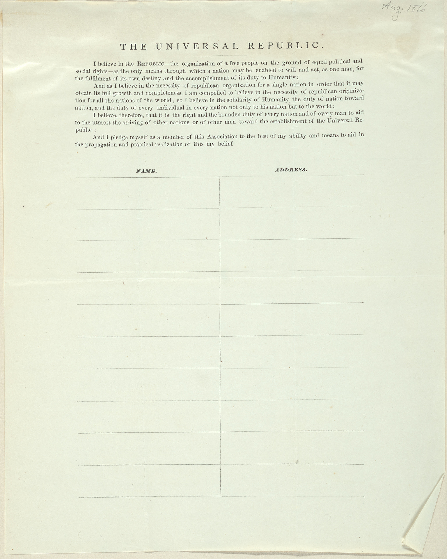 Printed pledge form for 'The Universal Republic' with an empty table with 'Name' and 'Address' columns