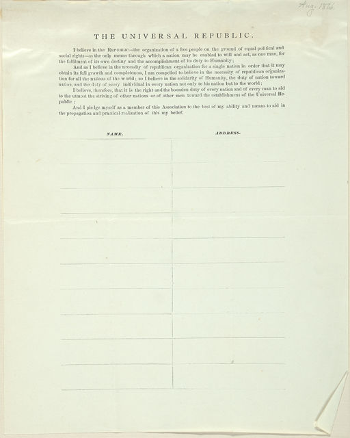 Printed pledge form for 'The Universal Republic' with an empty table with 'Name' and 'Address' columns