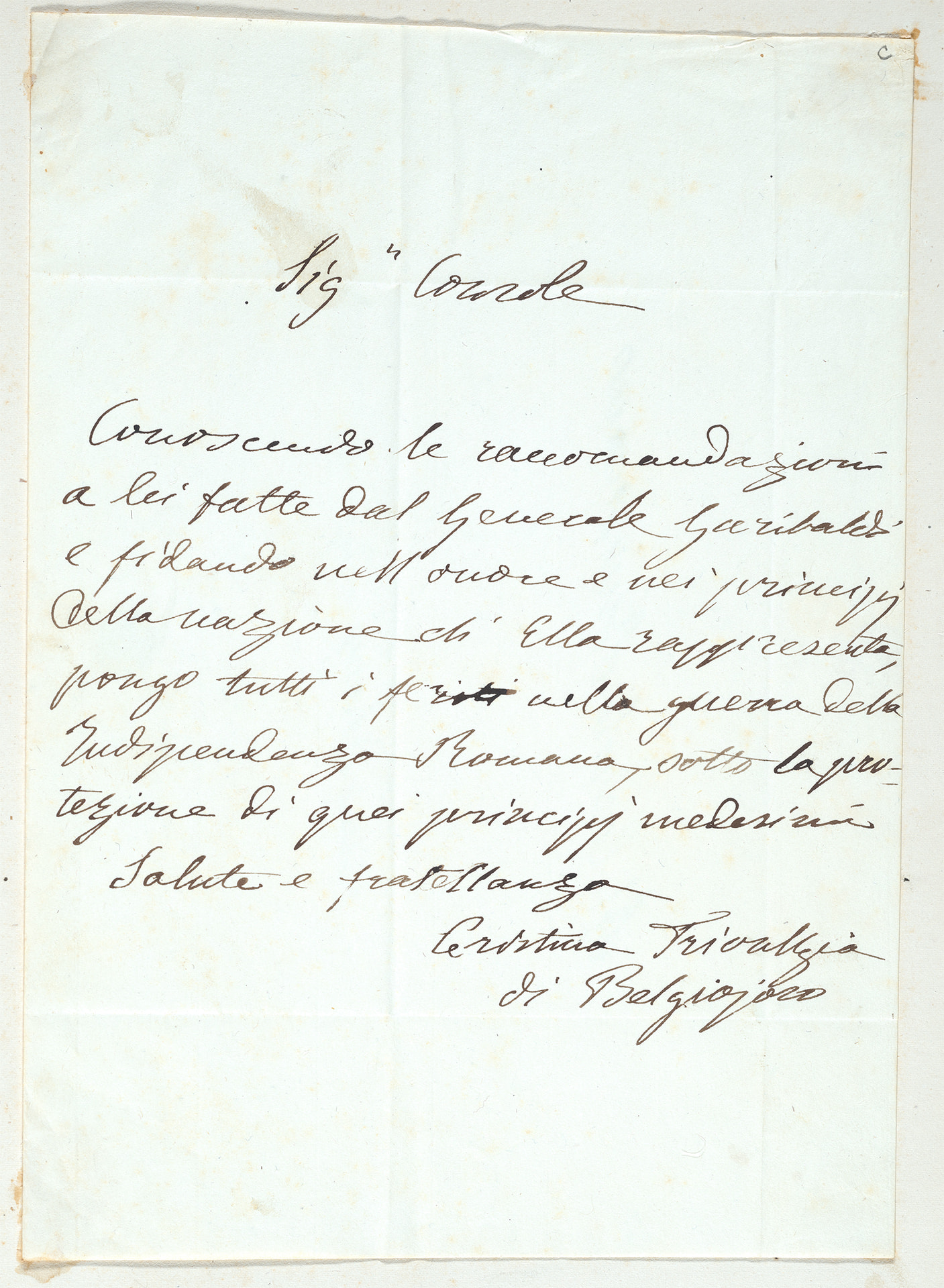 Handwritten letter from Cristine de Belgiojoso Trivulzio to Nicholas Brown