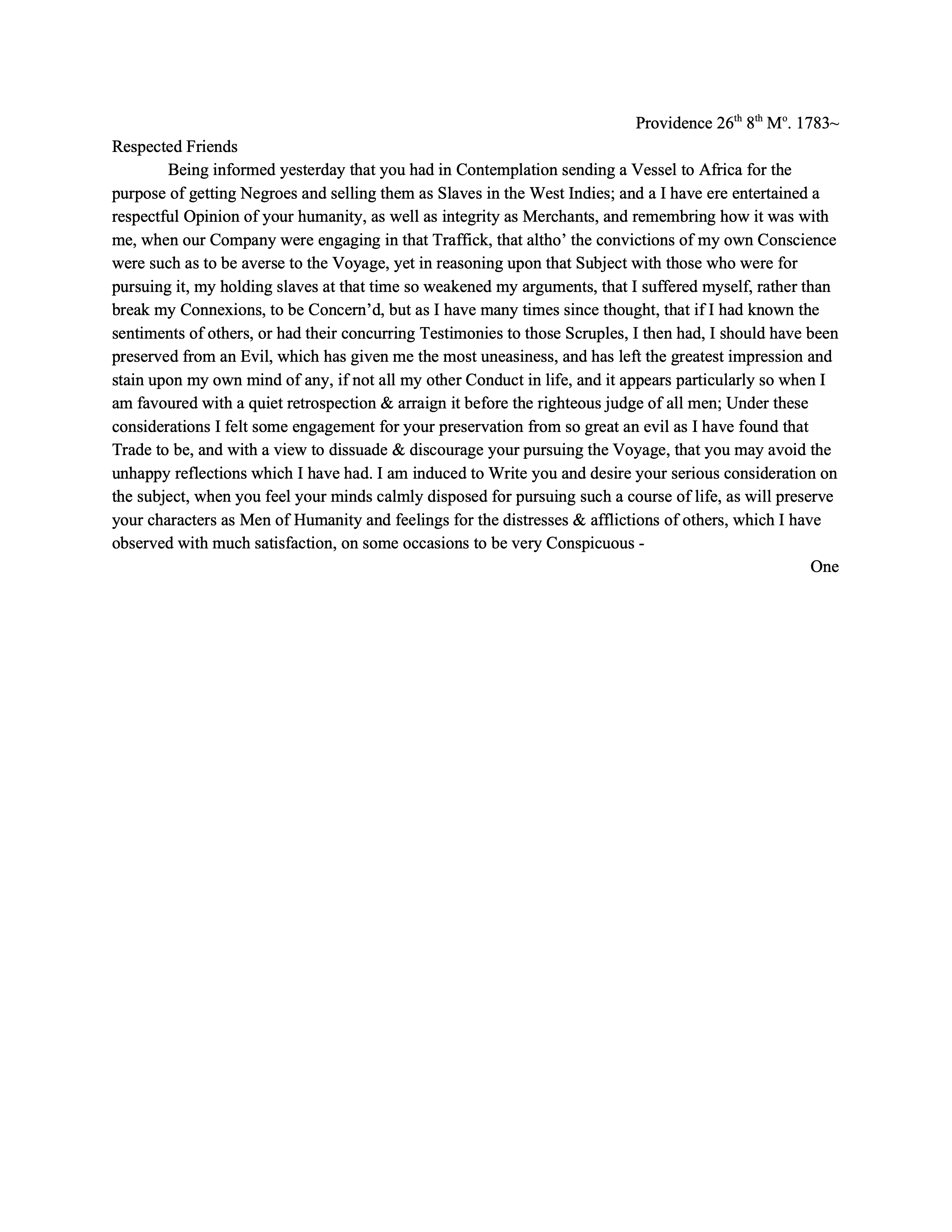 Typed transcription of a handwritten letter from Moses Brown to Clark and Nightingale