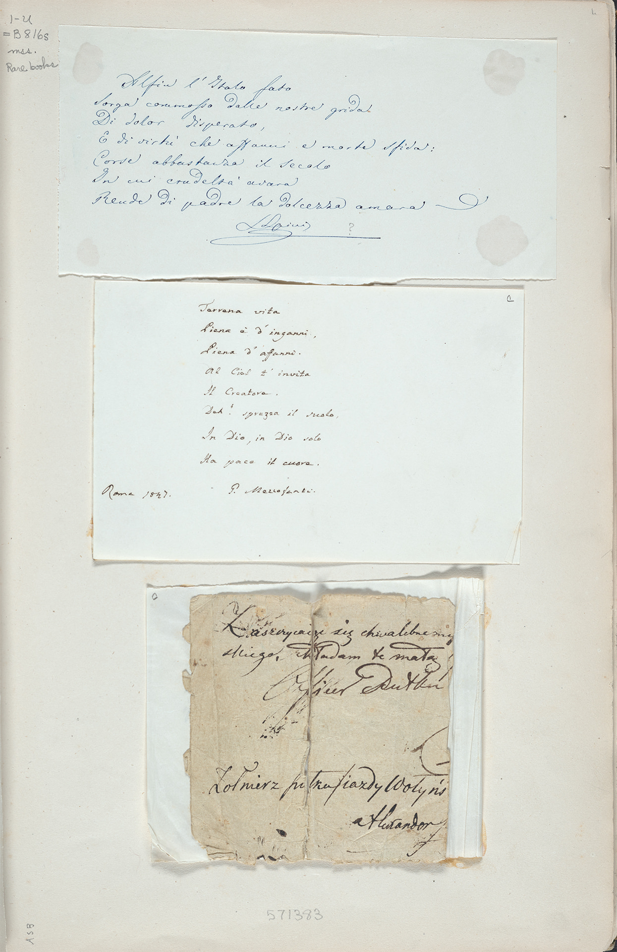 Three handwritten scraps of paper mounted on a single scrapbook page