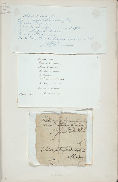 Three handwritten scraps of paper mounted on a single scrapbook page