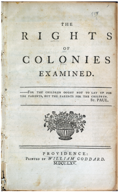 Cover page of ‘The Rights of the Colonies Examined’