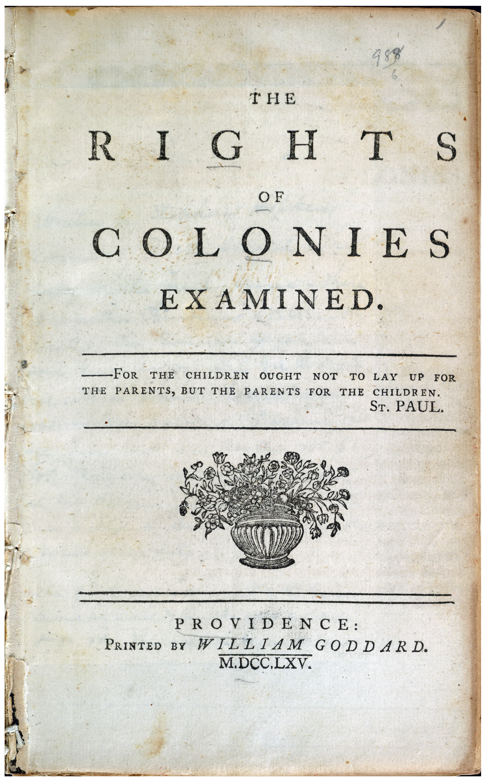 Cover page of ‘The Rights of the Colonies Examined’