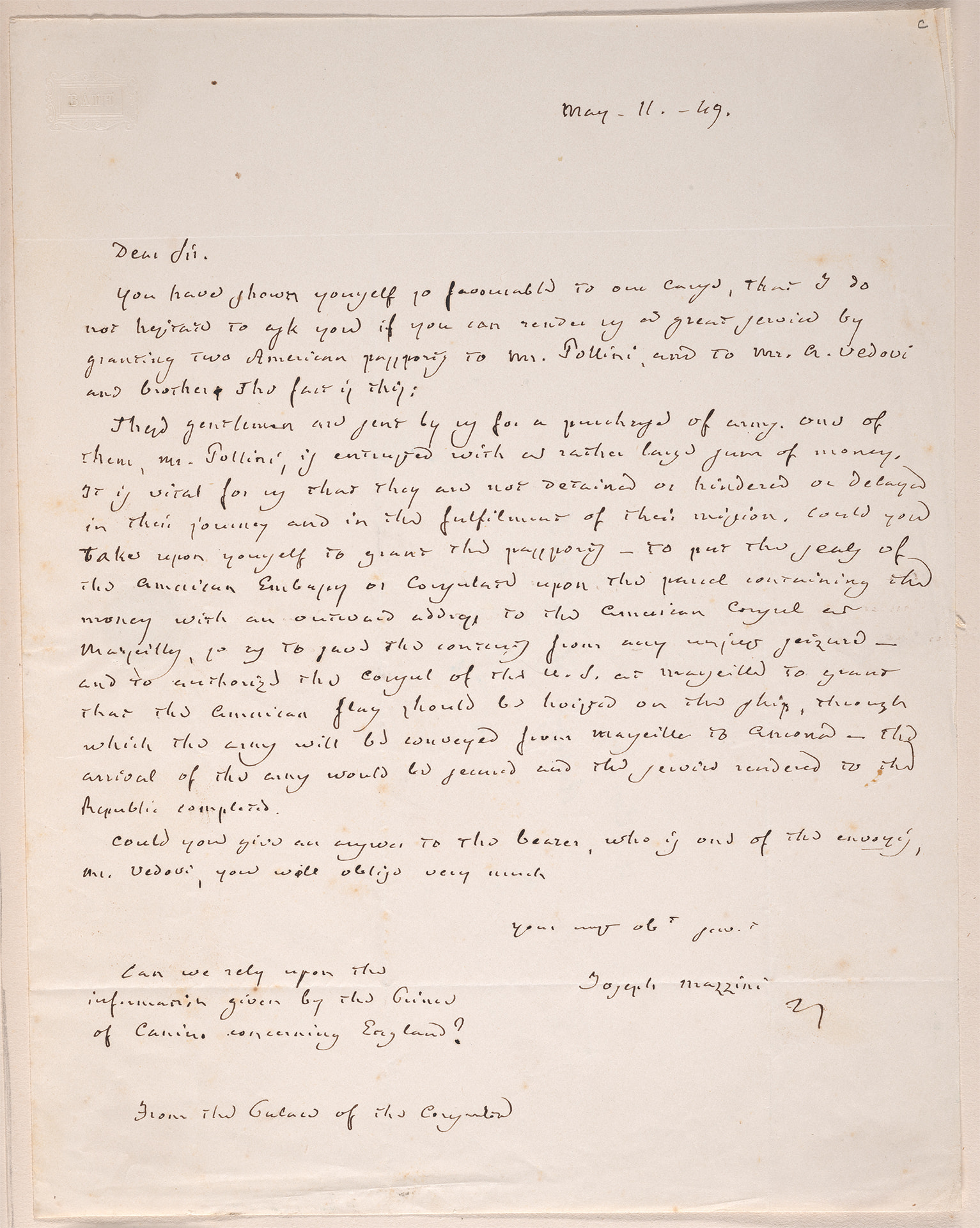 Handwritten letter from Giuseppe Mazzini to Nicholas Brown