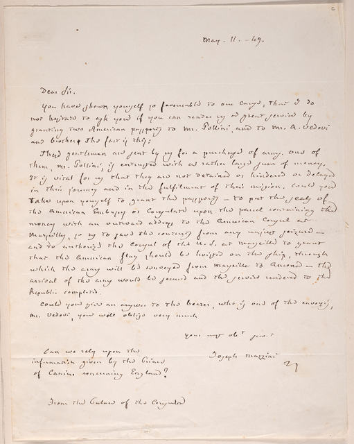 Handwritten letter from Giuseppe Mazzini to Nicholas Brown