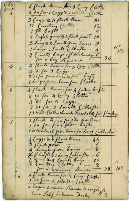 Handwritten page from the Sally account book, documenting an enslaved woman hanging herself between decks