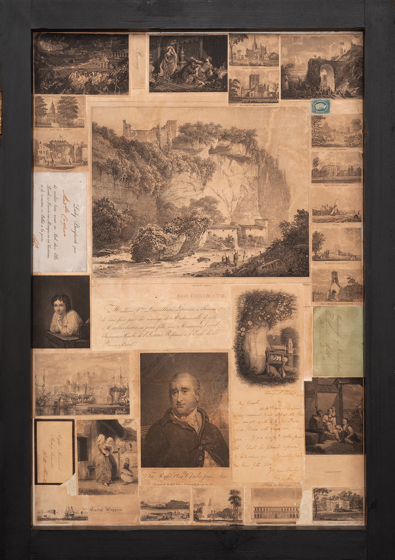 A collage of photographs and handwritten scraps of paper mounted in a black frame