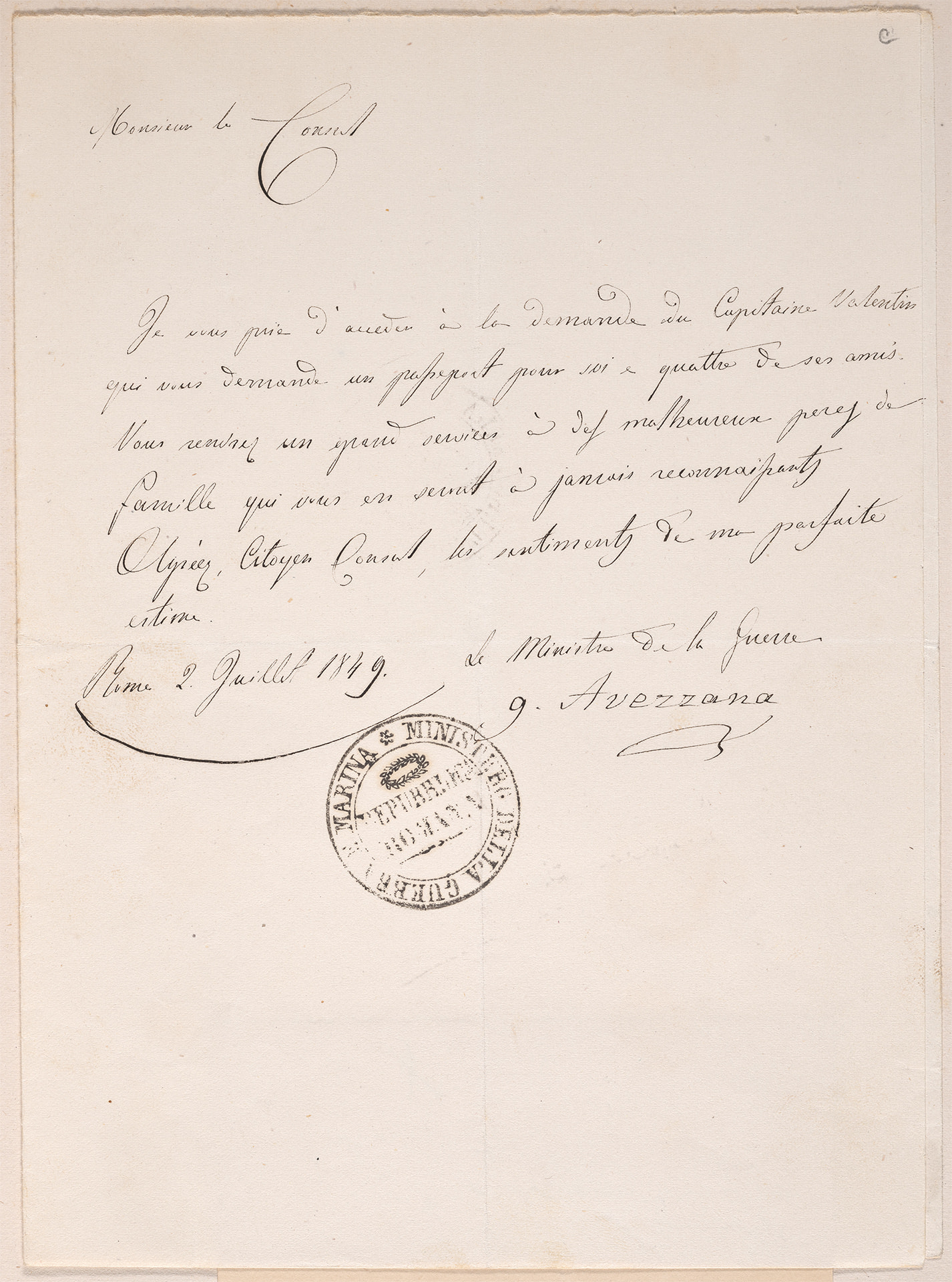 Handwritten letter from Giuseppe Avezzana to Nicholas Brown