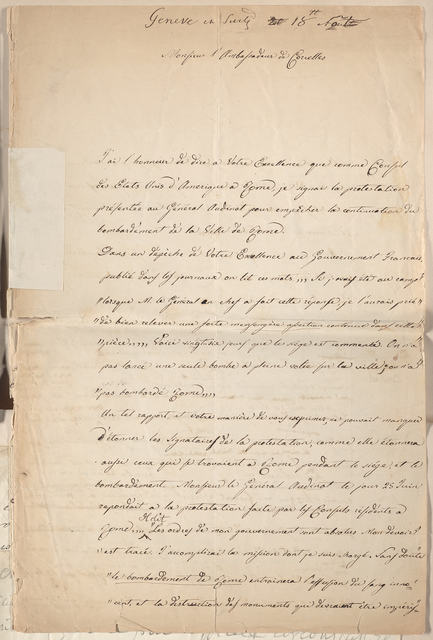 Handwritten letter from Nicholas Brown to Monsieur l' Ambassadeur de Corcelles