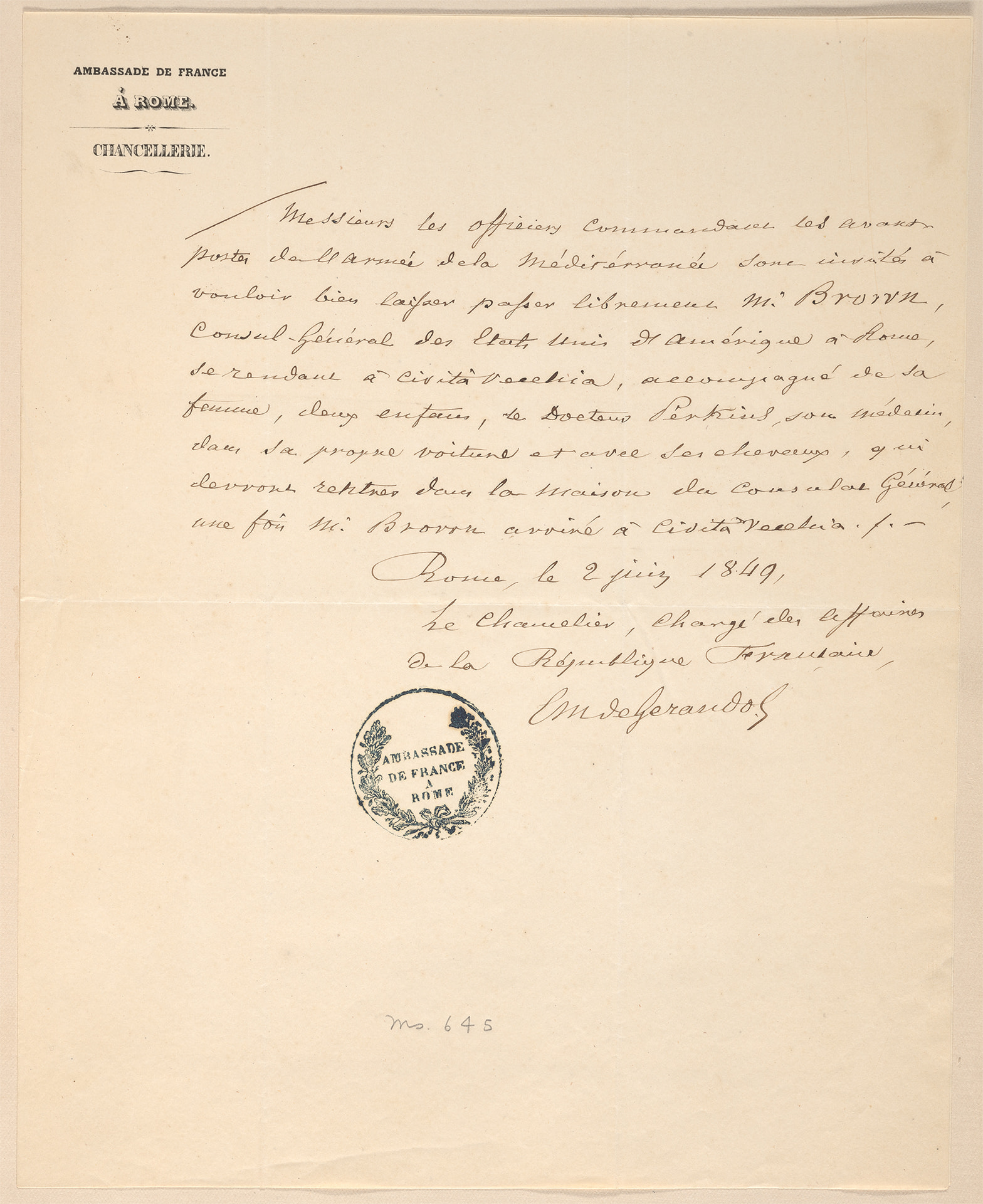 Handwritten letter from E. M. de Gerando to Nicholas Brown