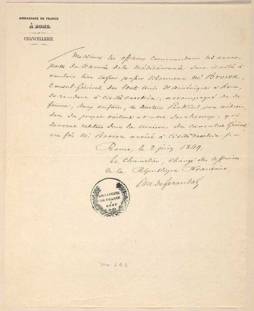Handwritten letter from E. M. de Gerando to Nicholas Brown