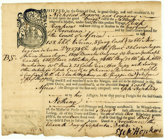A printed template of a bill of lading, which features an ornate drop cap that incorporates an image of a ship with three masts. The bill of lading was filled out by hand.