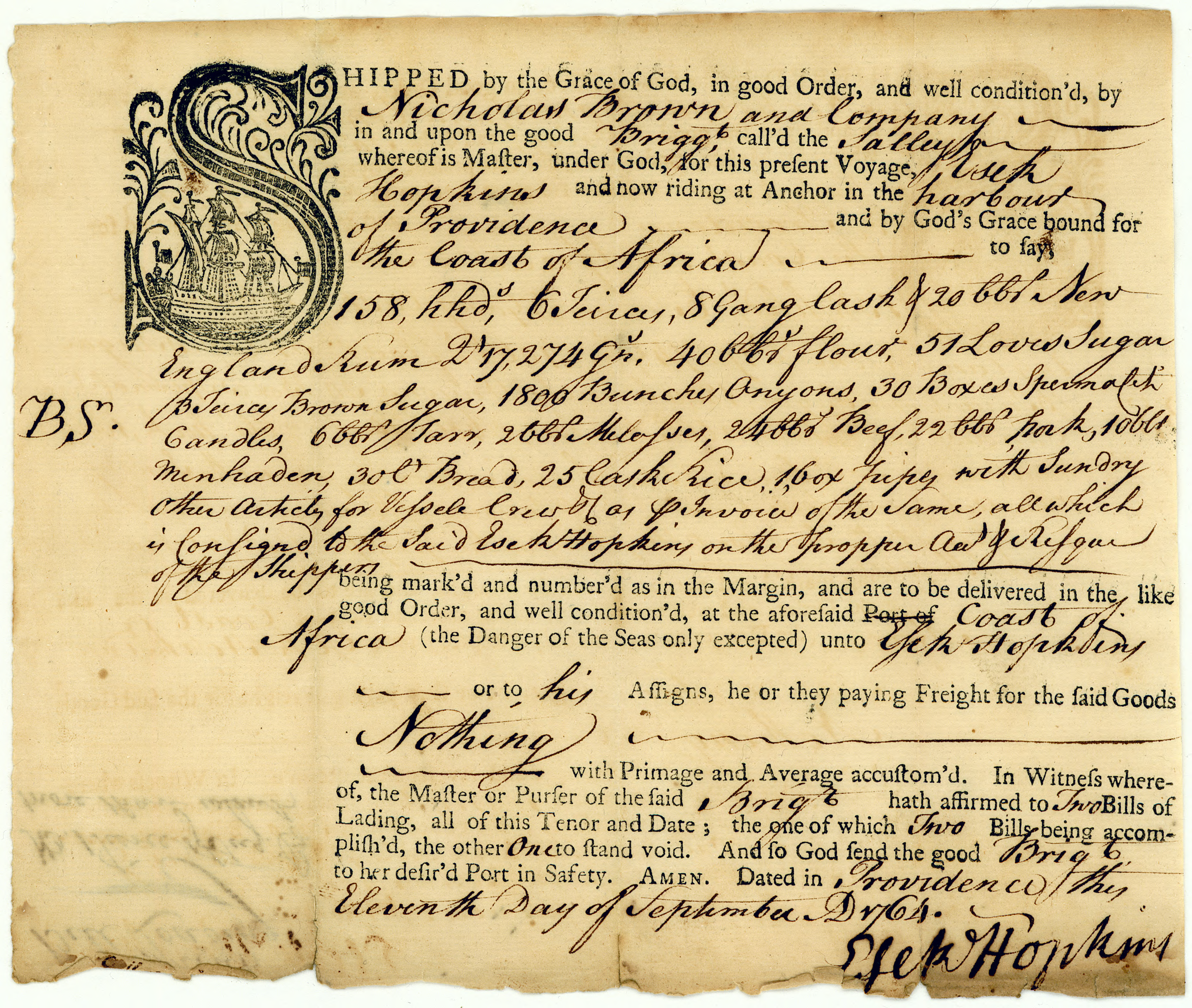 A printed template of a bill of lading, which features an ornate drop cap that incorporates an image of a ship with three masts. The bill of lading was filled out by hand.