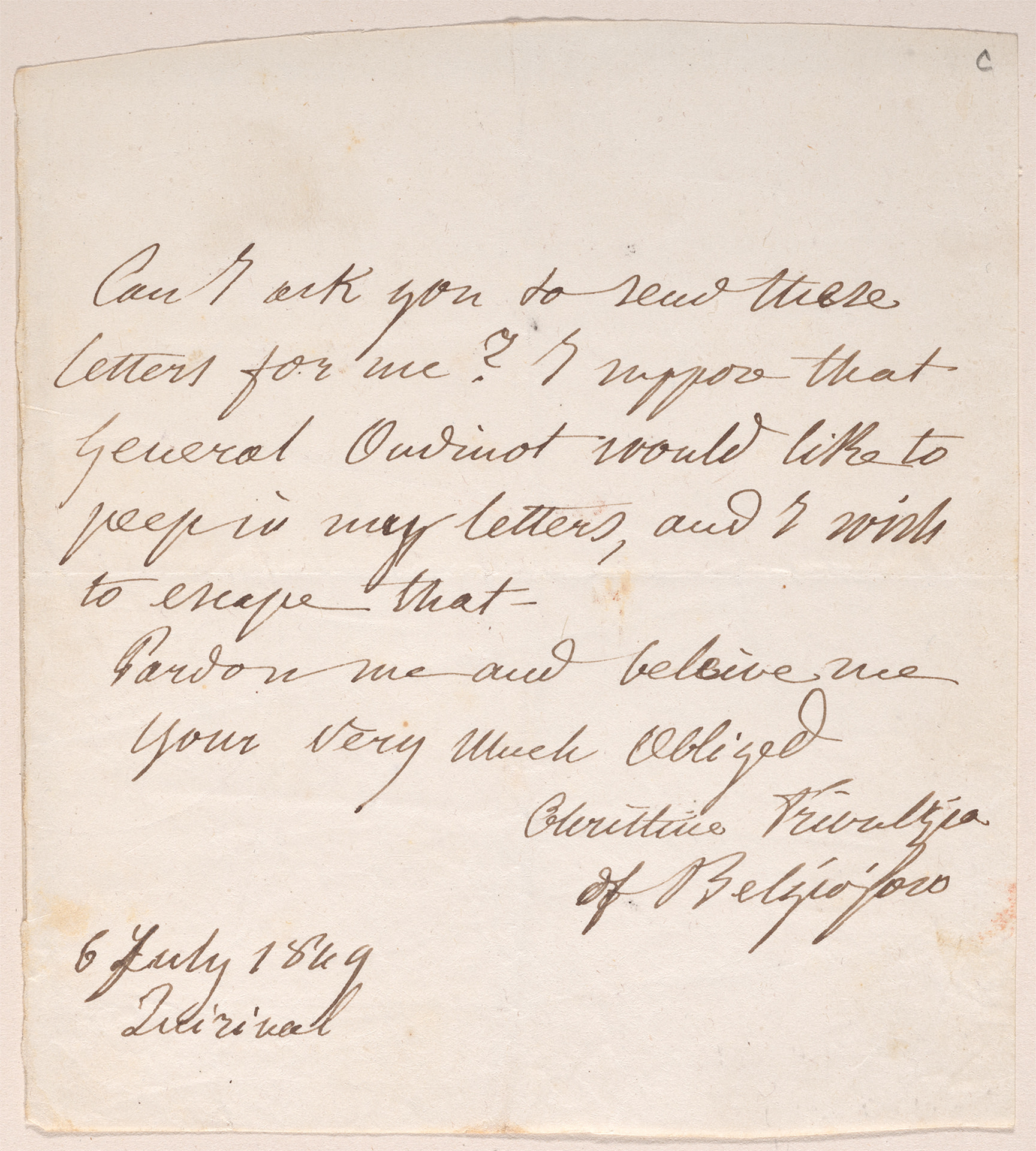 Handwritten letter from Cristine de Belgiojoso Trivulzio to Nicholas Brown