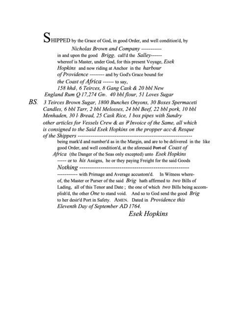 Typed transcription of a printed template of a bill of lading, which was filled out by hand.
