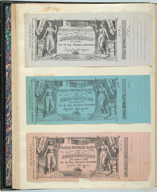 White, blue and pink notes for the Universal Republican Alliance