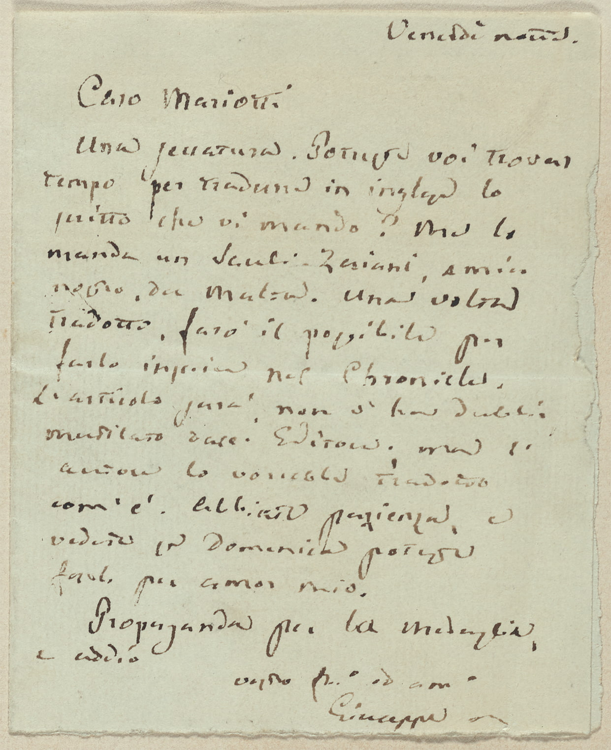 Handwritten letter from Mazzini to Mariotti