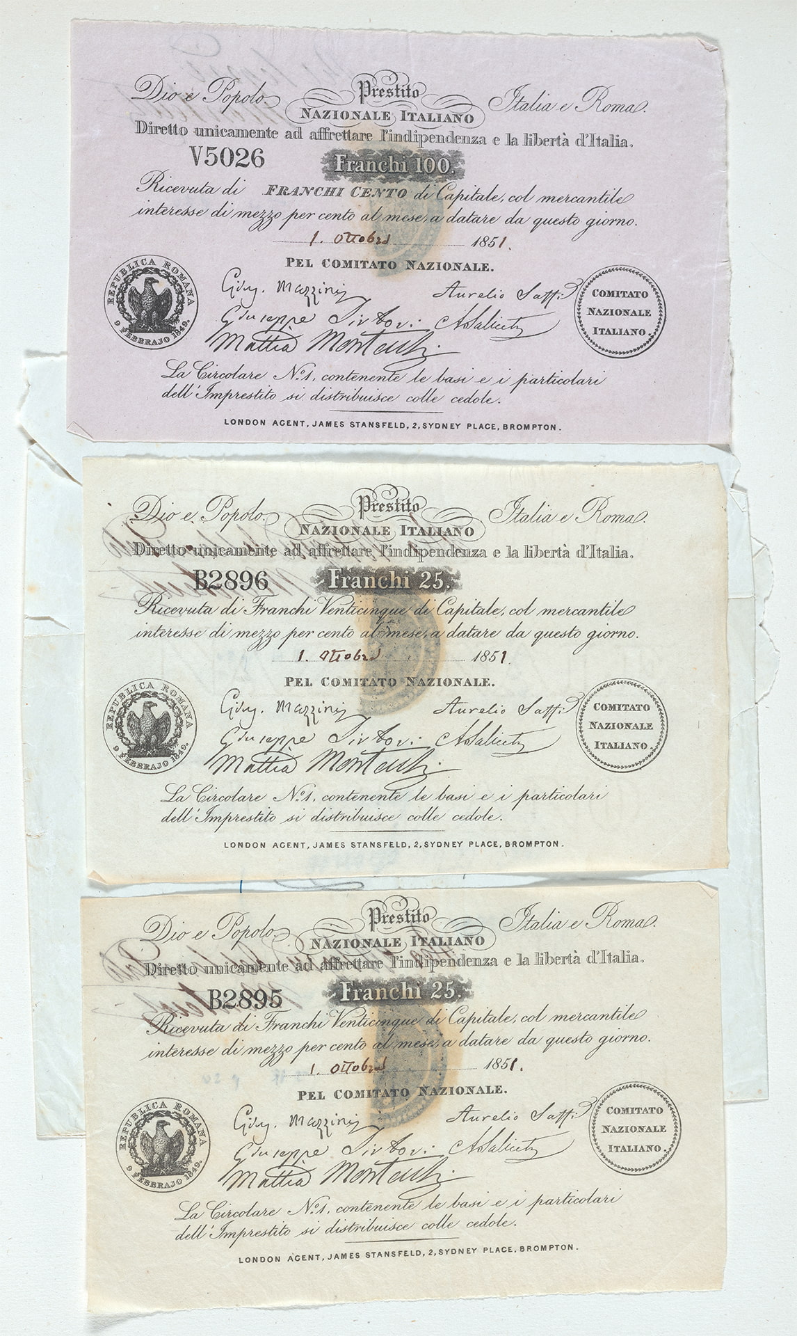 Set of three certificates for Franchi 25 and Franchi 100