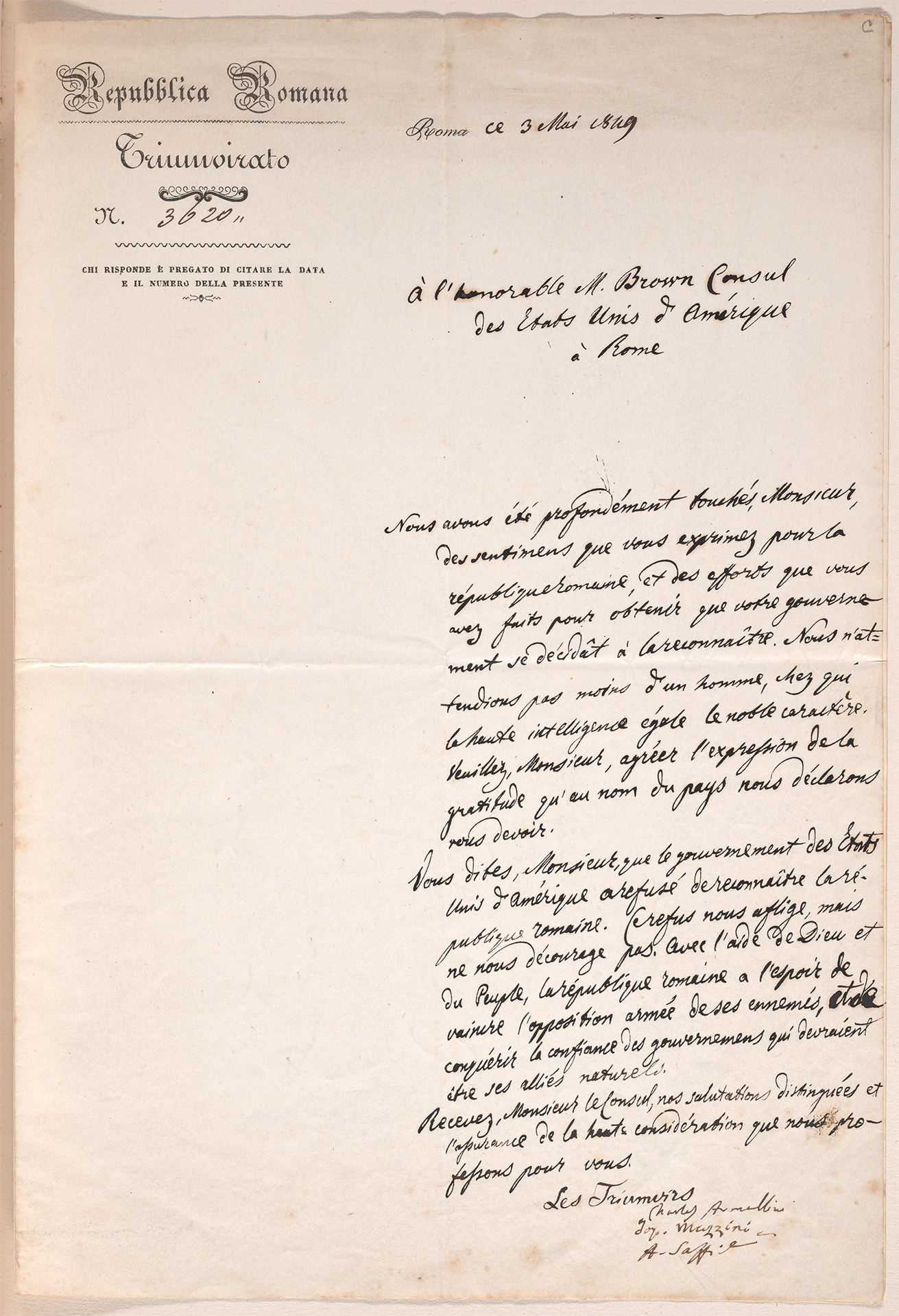 Handwritten letter from Charles Armellini to Nicholas Brown