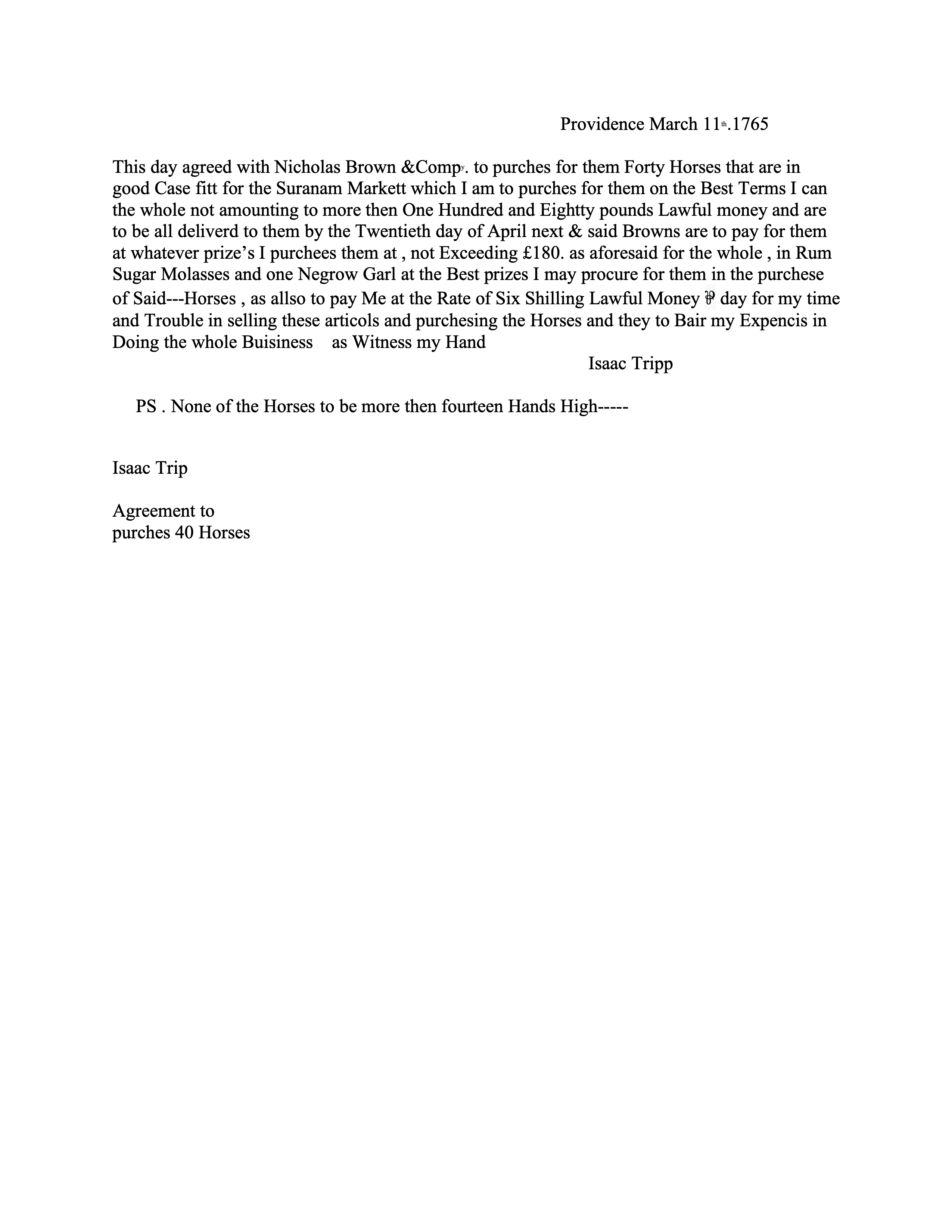 Typed transcription of a handwritten letter from Isaac Tripp to the Brown Brothers
