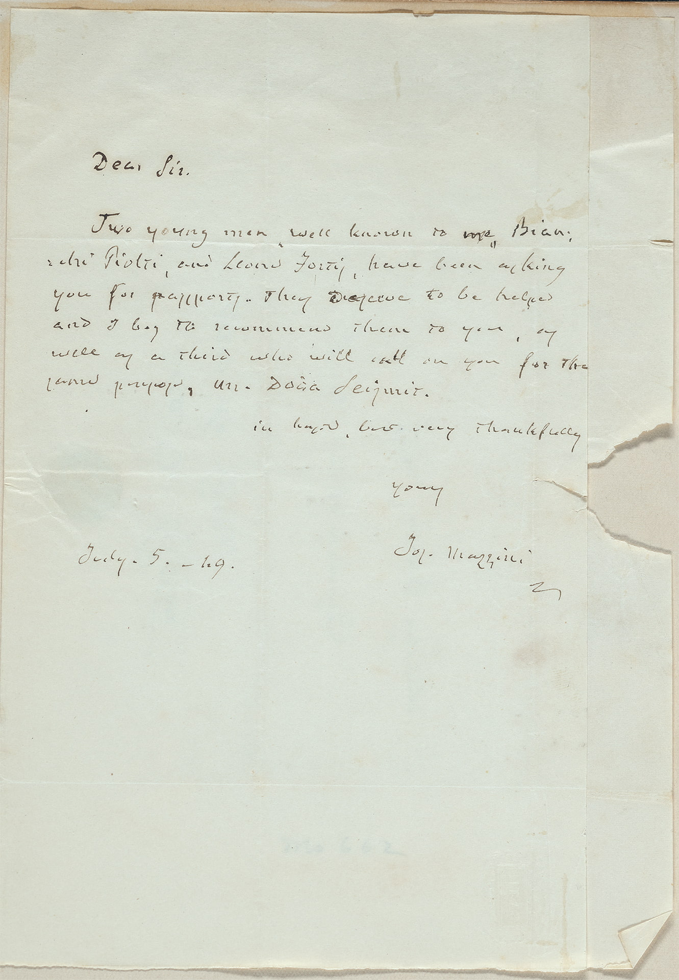 Handwritten letter from Giuseppe Mazzini to Nicholas Brown