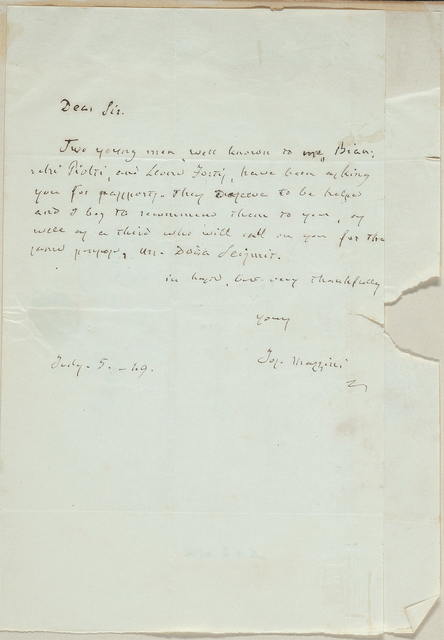 Handwritten letter from Giuseppe Mazzini to Nicholas Brown