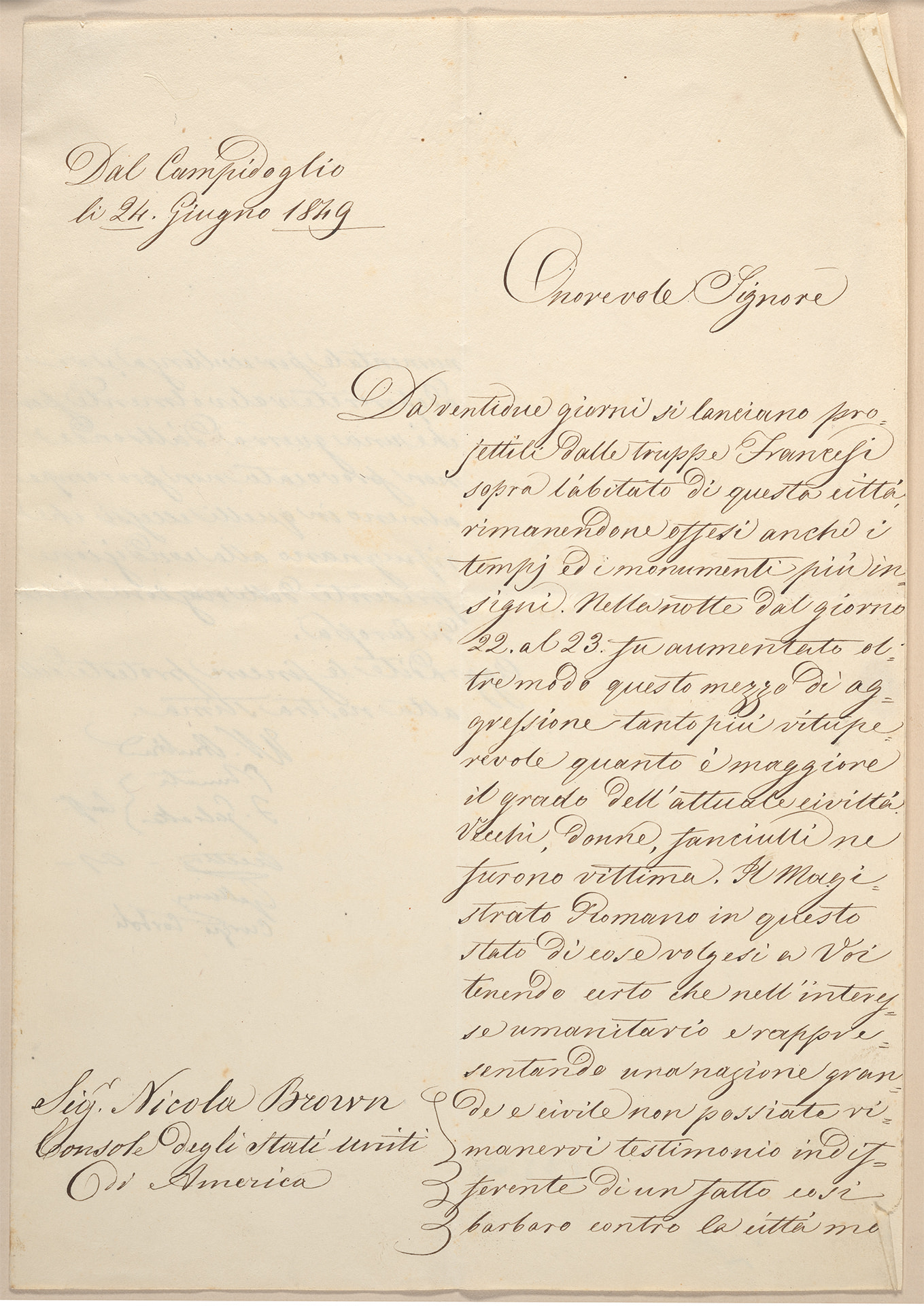 Handwritten letter from a group of Italian consuls to Nicholas Brown
