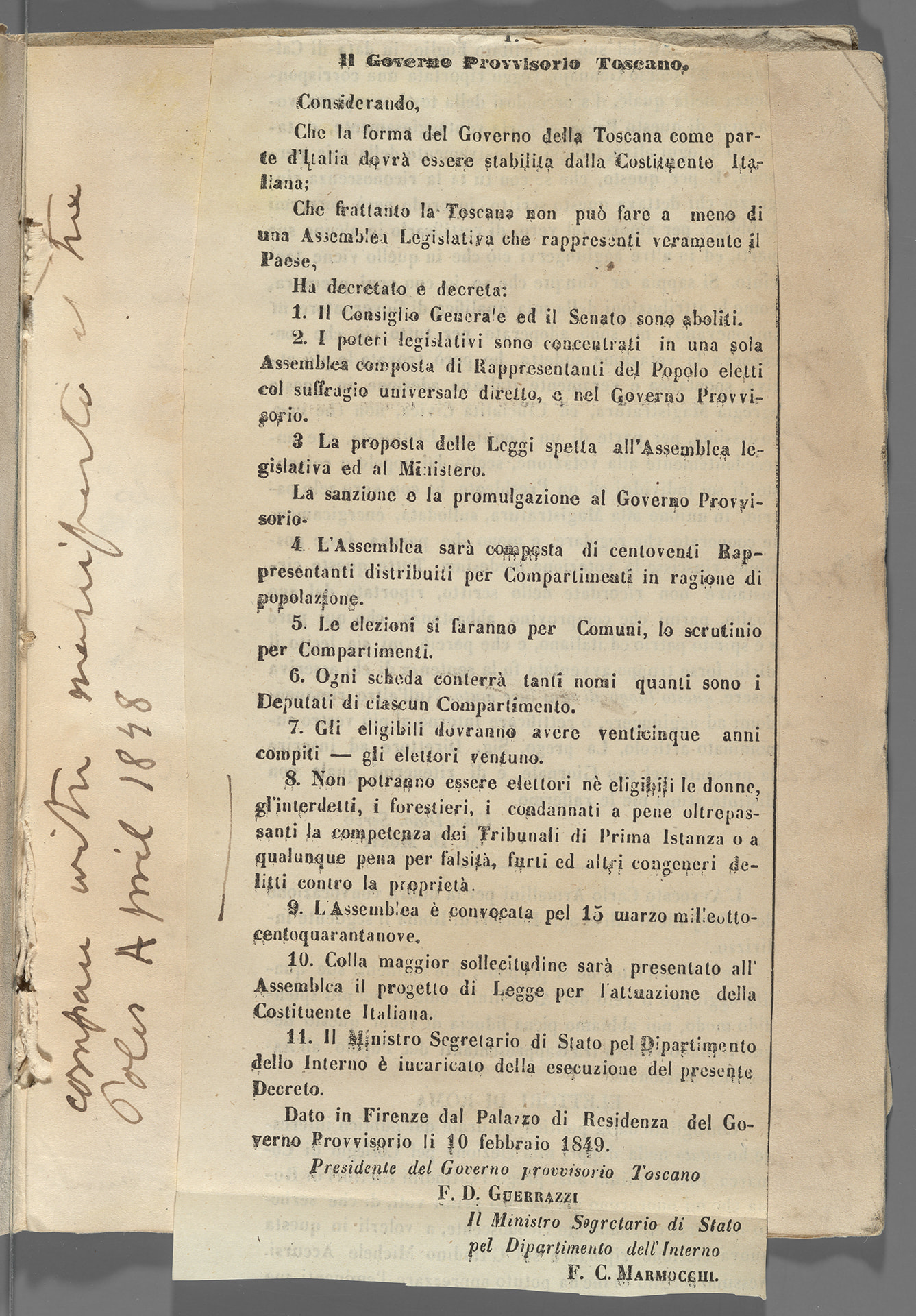 Printed page in Italian language from 'Il Governo Provvisorio Toscano' with handwritten text in the margin