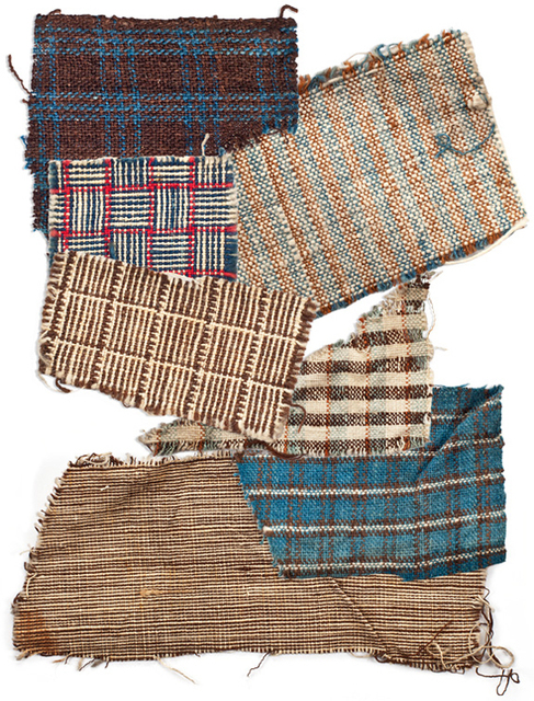 Seven swatches of fabric with various patterns