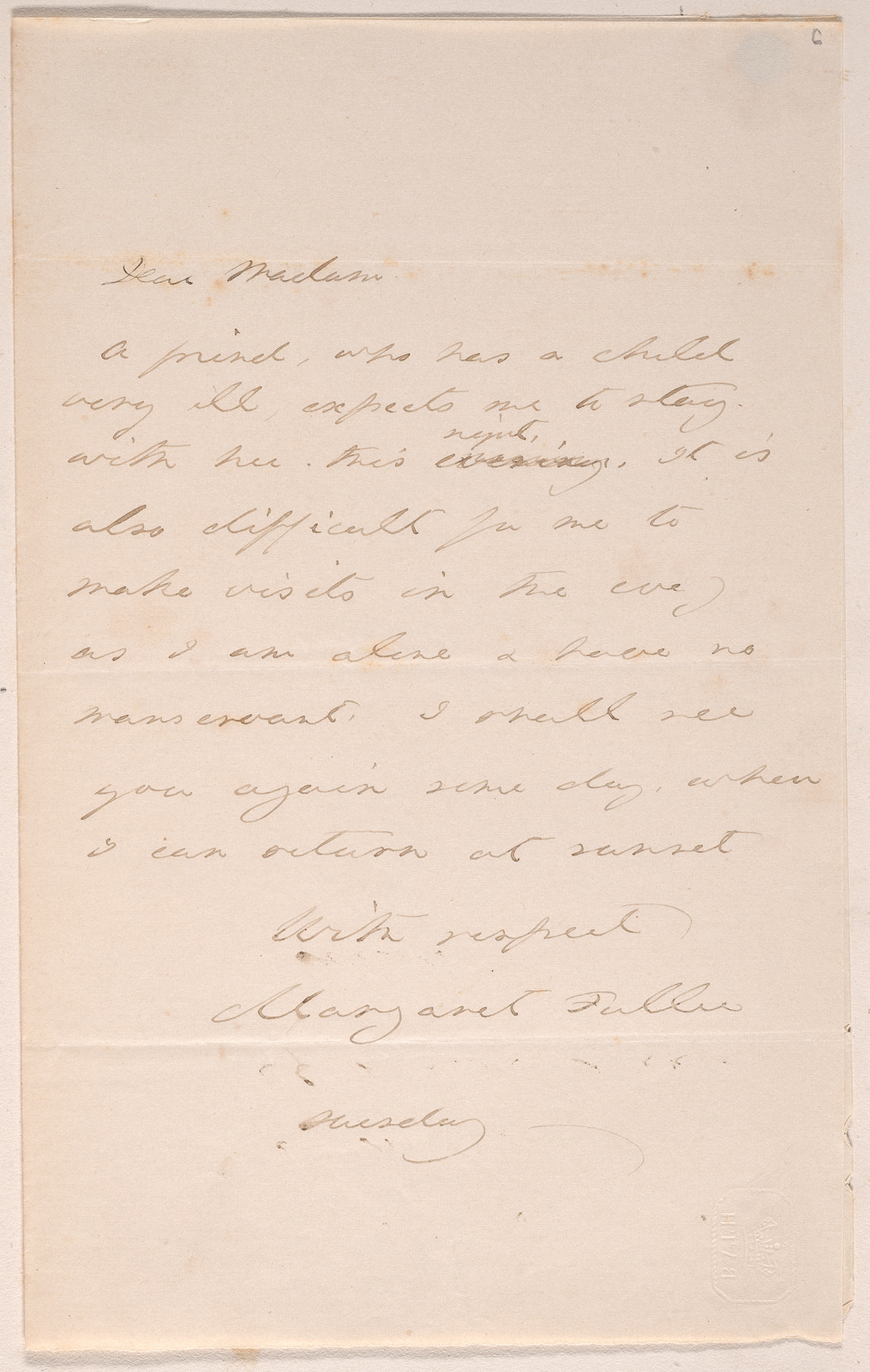 Handwritten letter from Margaret Fuller to Caroline Matilda Clements Brown