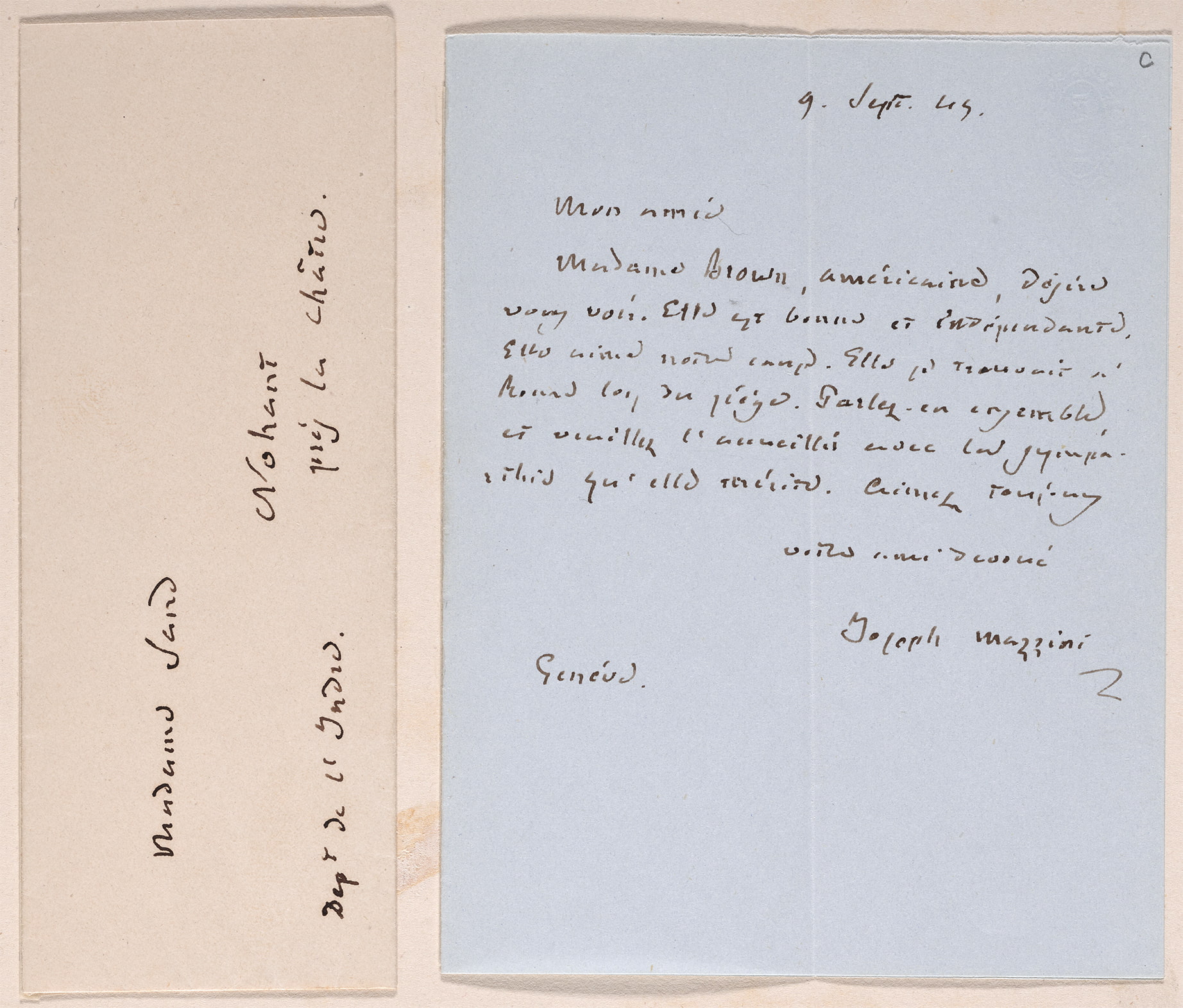Handwritten envelope and letter from Giuseppe Mazzini to George Sand