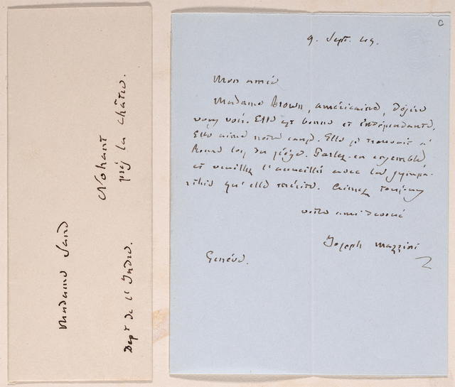 Handwritten envelope and letter from Giuseppe Mazzini to George Sand