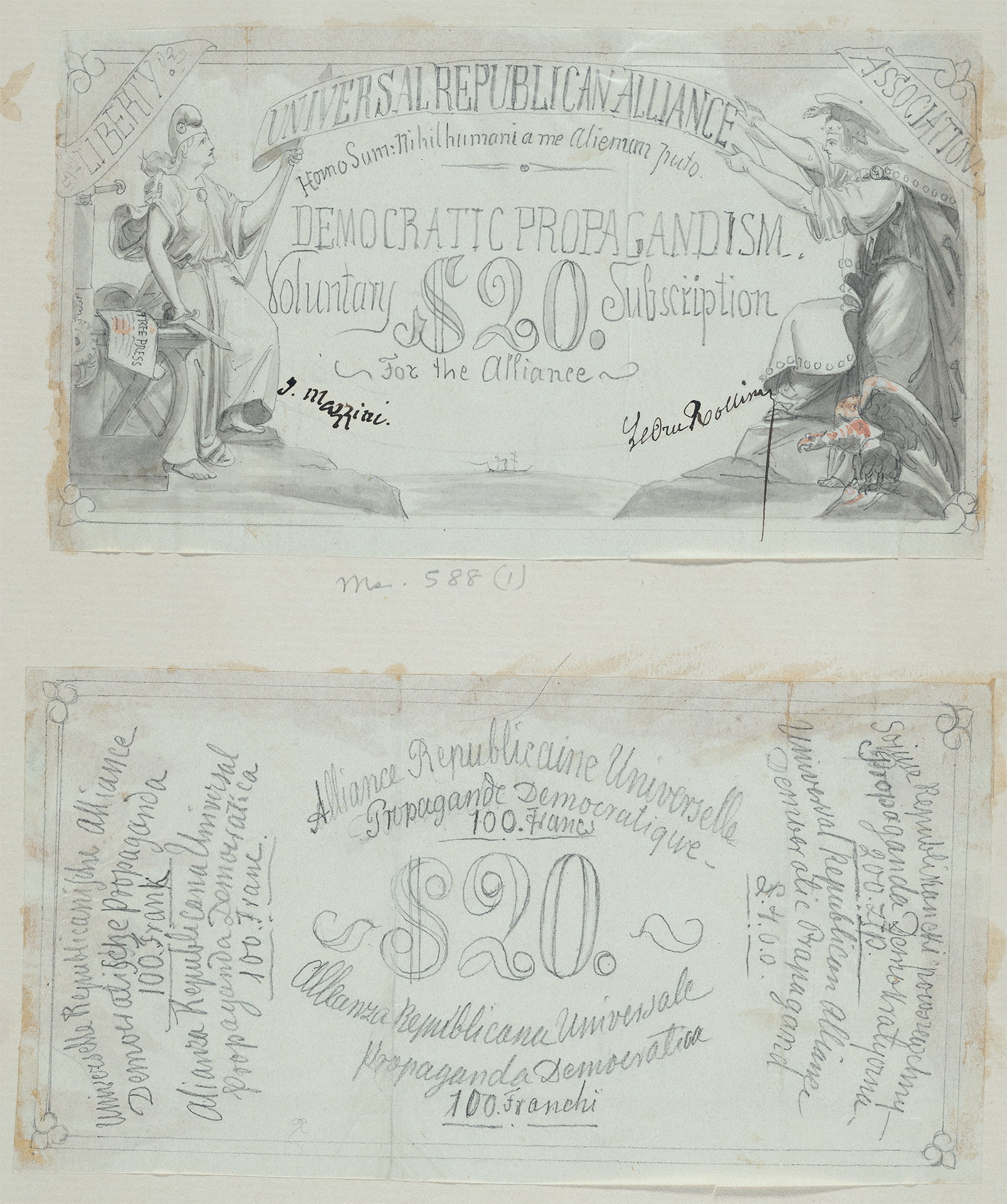 Two drawings of $20 monetary notes