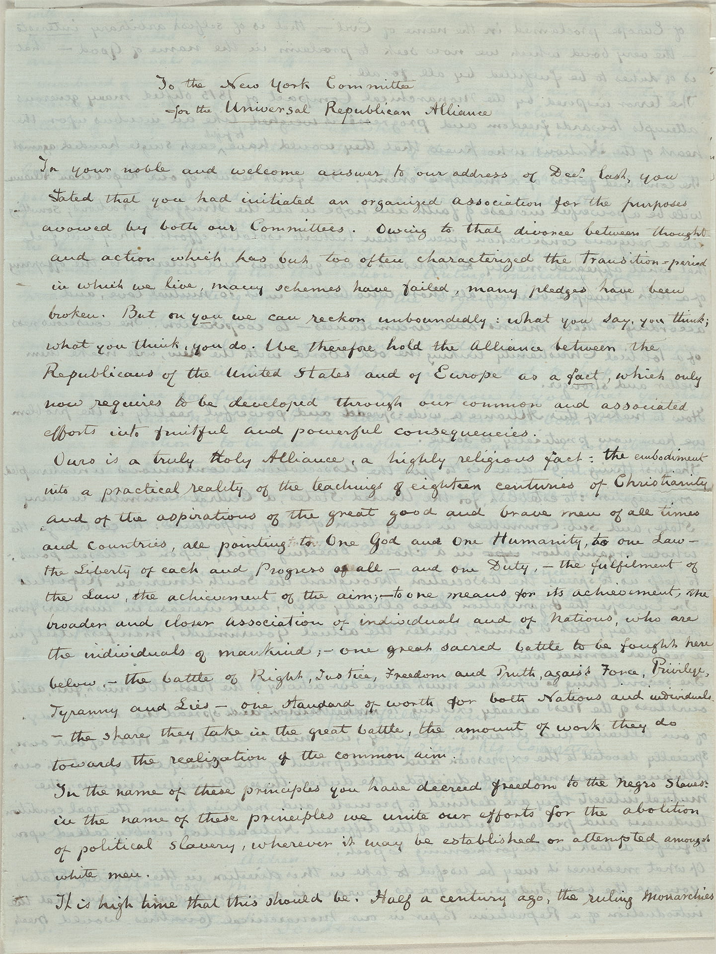 Handwritten letter from Giuseppe Mazzini to the New York Committee for the Universal Republican Alliance