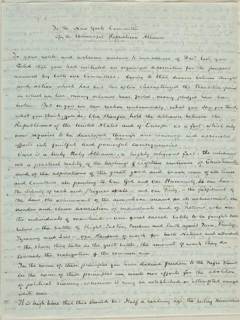 Handwritten letter from Giuseppe Mazzini to the New York Committee for the Universal Republican Alliance