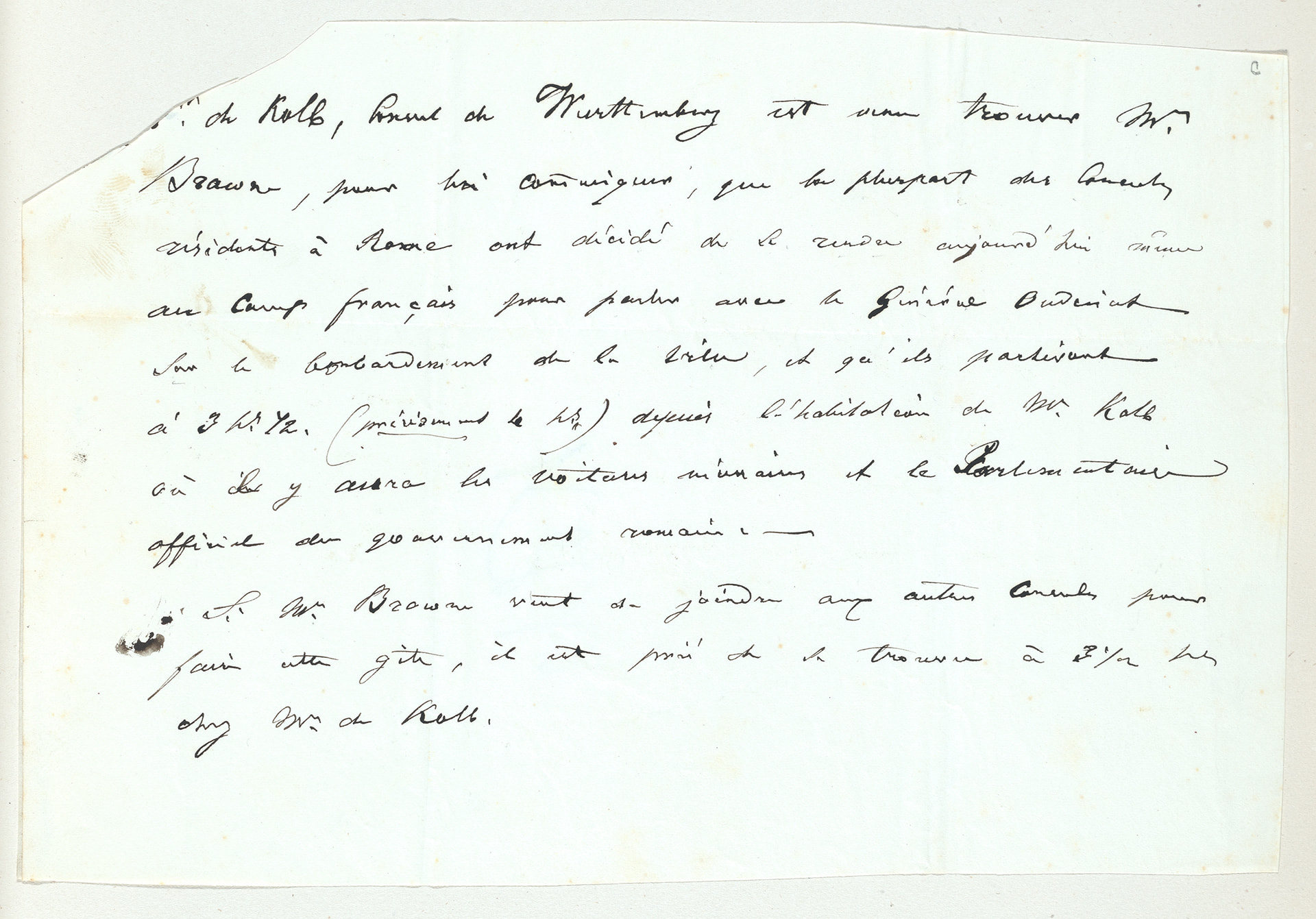 Handwritten letter from Karl von Kolb to Nicholas Brown