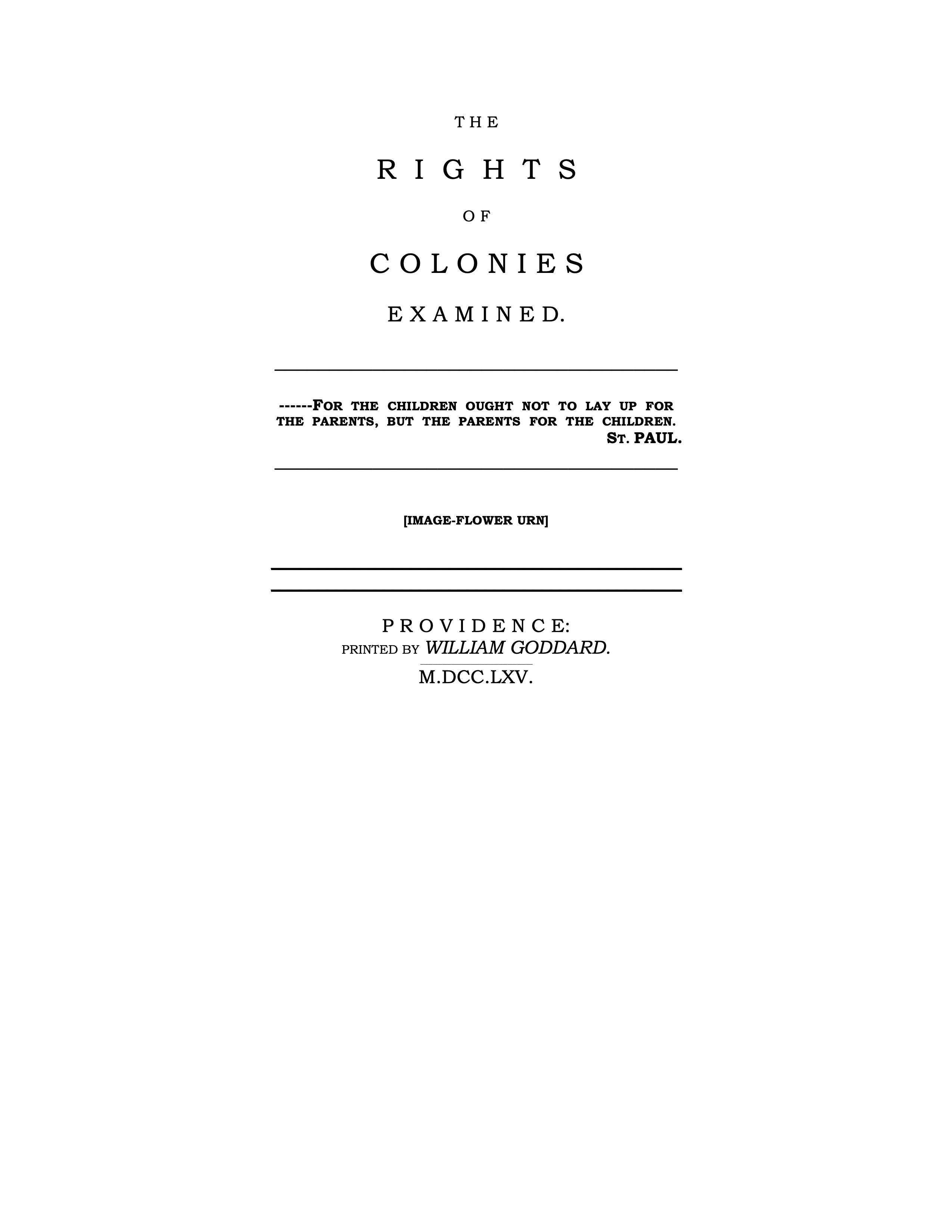 Typed transcription of the cover page of ‘The Rights of the Colonies Examined’